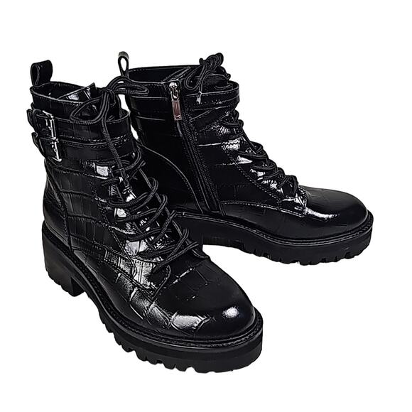 Marc Fisher LTD Barren 2 Black Croco Leather Combat Boots Womens 6 NEW - Picture 1 of 13